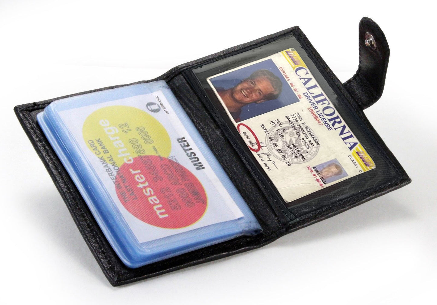 Black Leather Pocket Business Card Organizer Clear Sleeve Insert strap closed ID Wallet