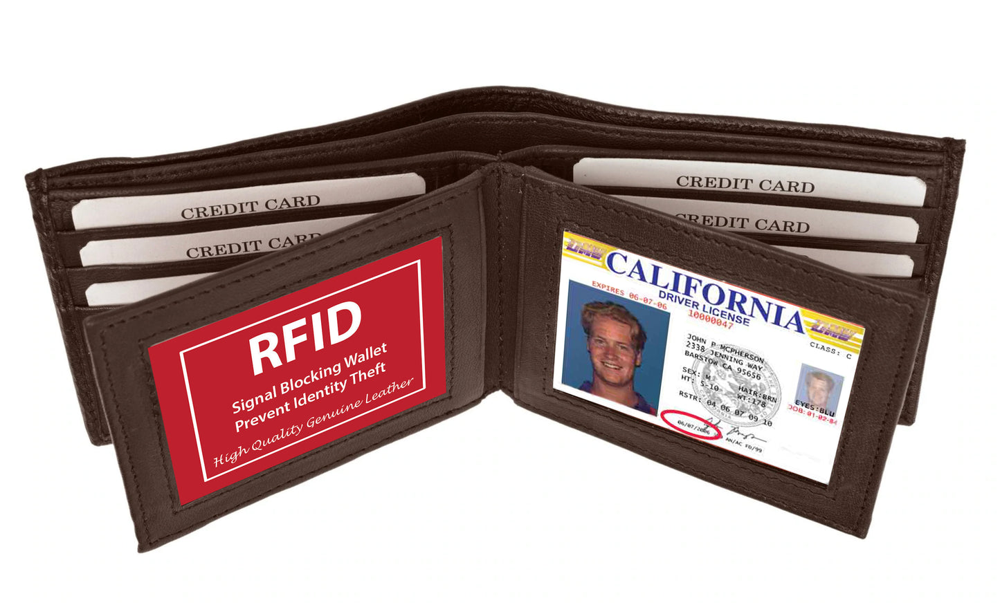 RFID Blocking Genuine Leather Men's 2 Center Flap Bifold Wallet ID Credit Card ID Holder