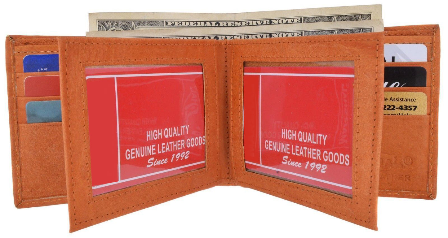 RFID Blocking Genuine Leather Men's 2 Center Flap Bifold Wallet ID Credit Card ID Holder