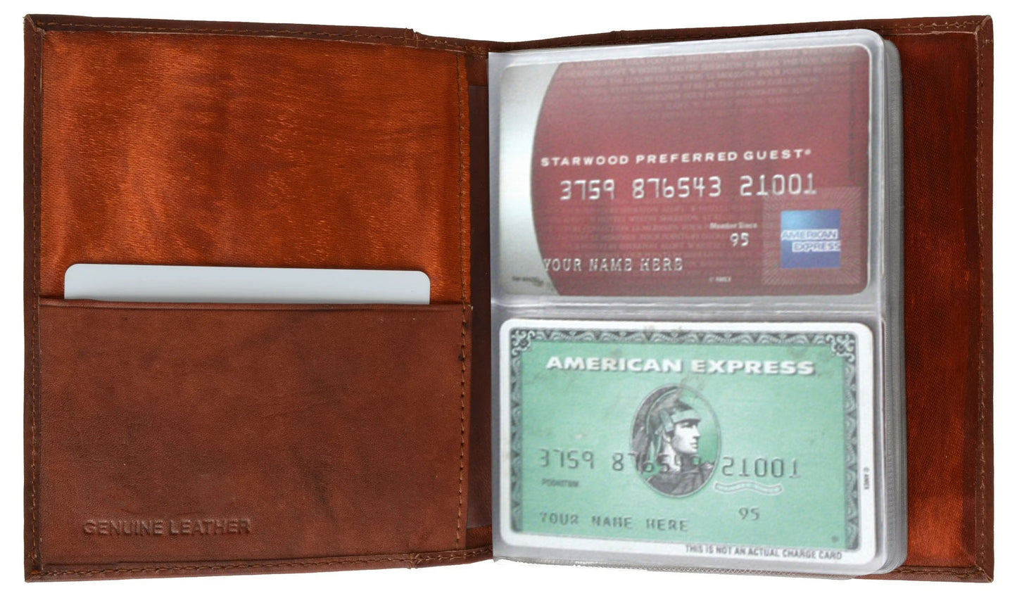 RFID Blocking Mens Genuine Leather Bifold Business Card Organizer 48 Slots Plastic Insert ID Holder