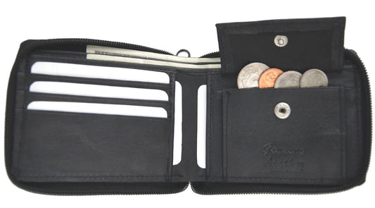 Black Genuine Leather Men's Bifold Wallet Credit Card Holder Zip Around Coin Holder