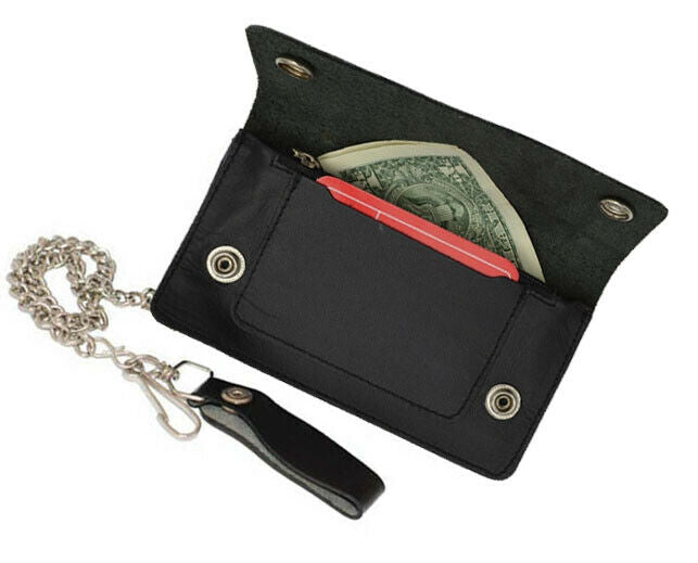 Black Genuine Leather Long Chain Men's Biker Wallet Zip Trucker Motorcyclist