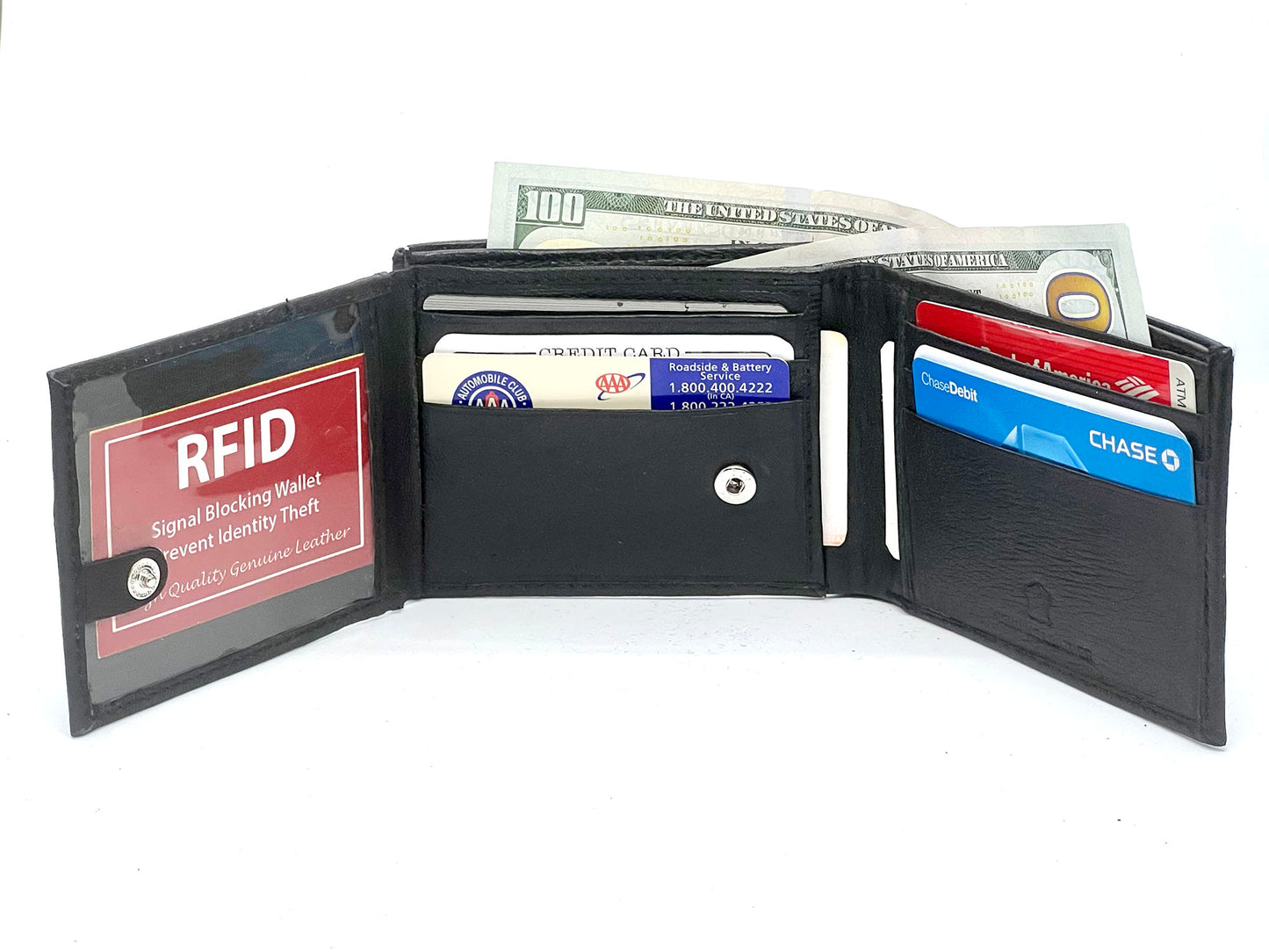 RFID Blocking Genuine Leather Men's Bifold Wallet Credit Card Holder Flap Open