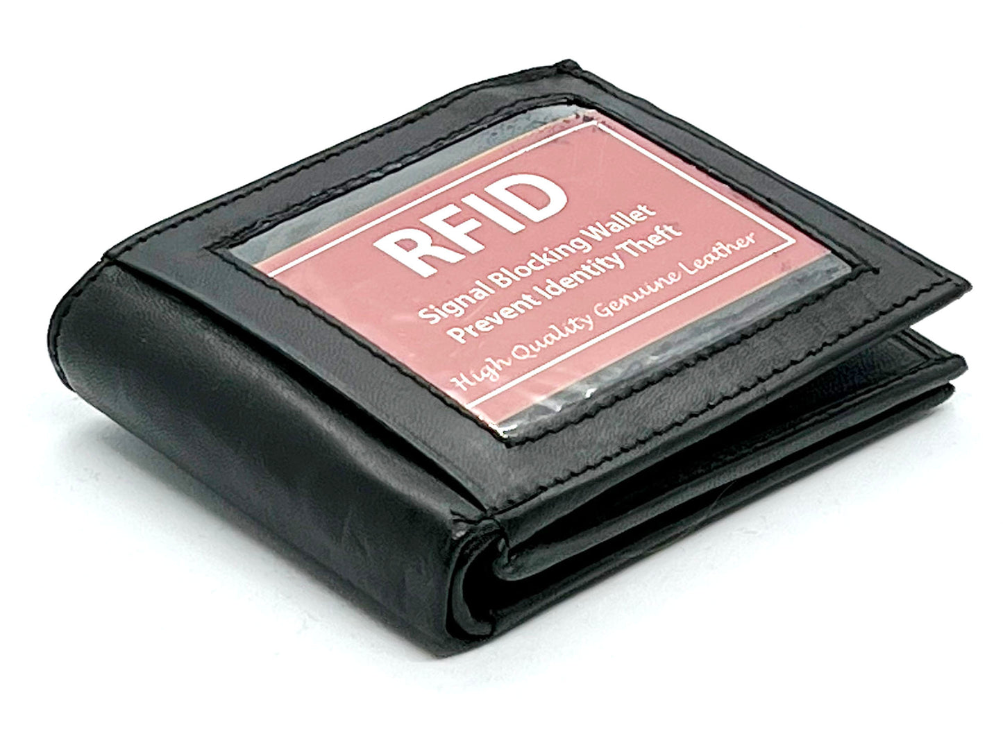 RFID Blocking Genuine Leather Men's Bifold Wallet Center Flap Credit Card Holder ID Badge