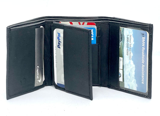 Black Genuine Leather Men's Trifold Wallet Credit Card Holder ID Window