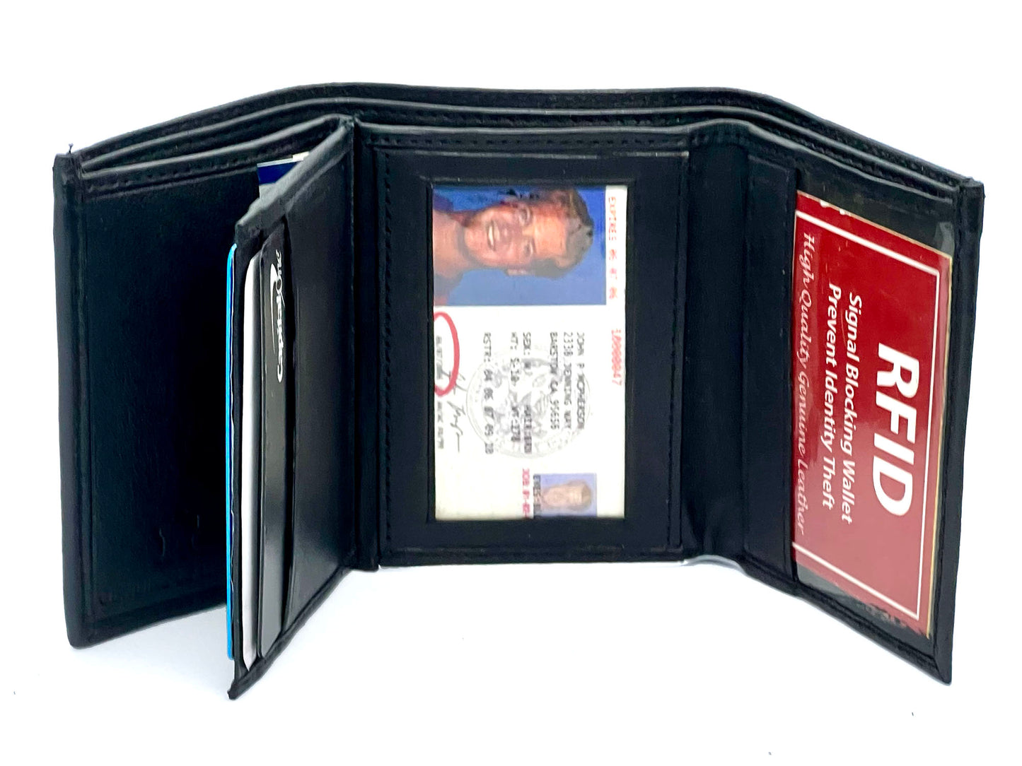 RFID Blocking Genuine Leather Men's Trifold Wallet Credit Card Holder ID Window Center Flap