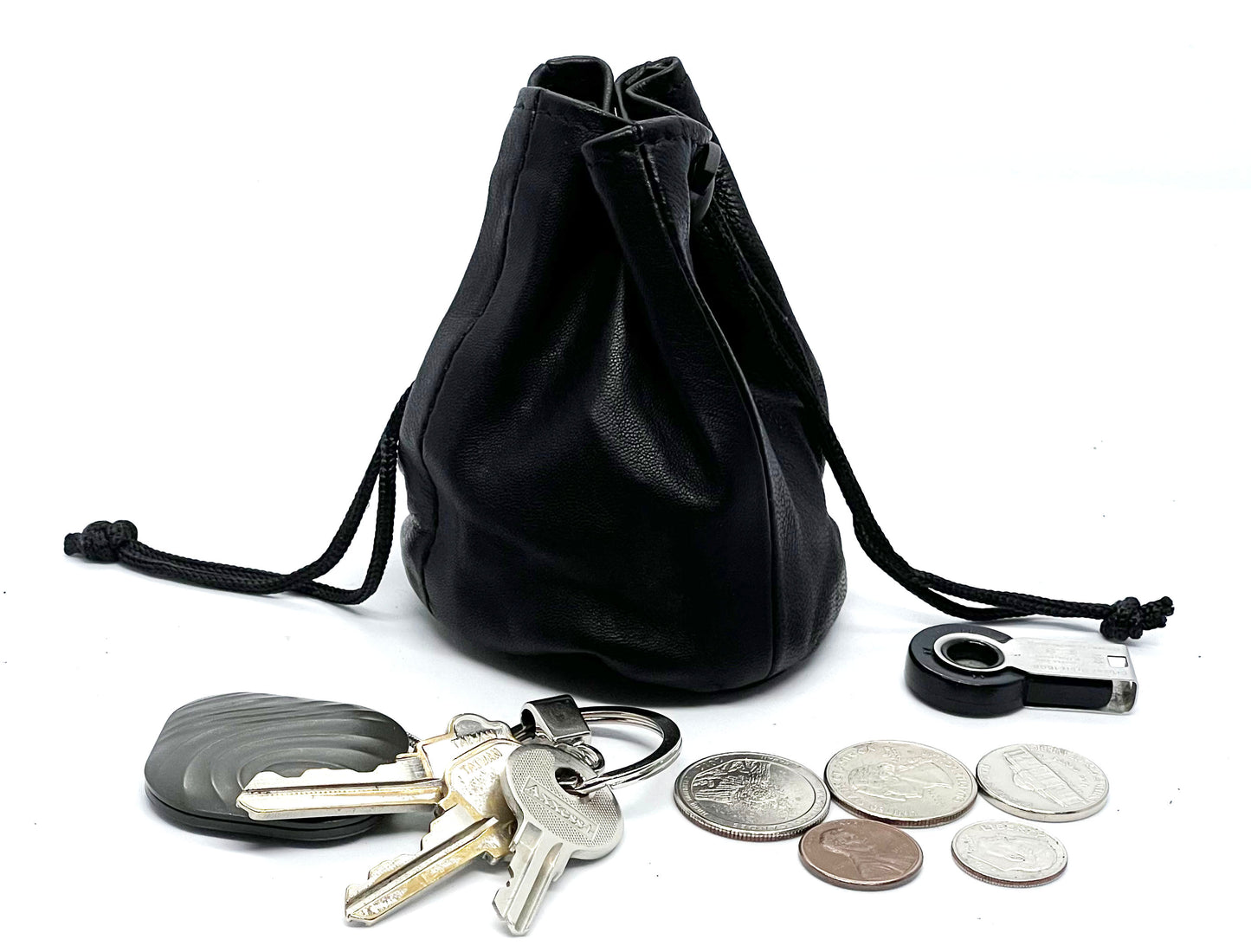 Genuine Leather Drawstring Pouch Spring Locks Coin Soft Purse Small Wrist Bag