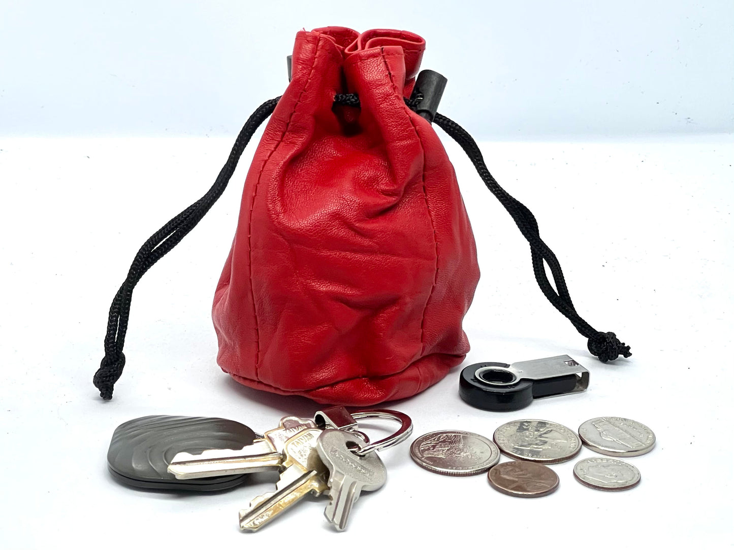 Genuine Leather Drawstring Pouch Spring Locks Coin Soft Purse Small Wrist Bag
