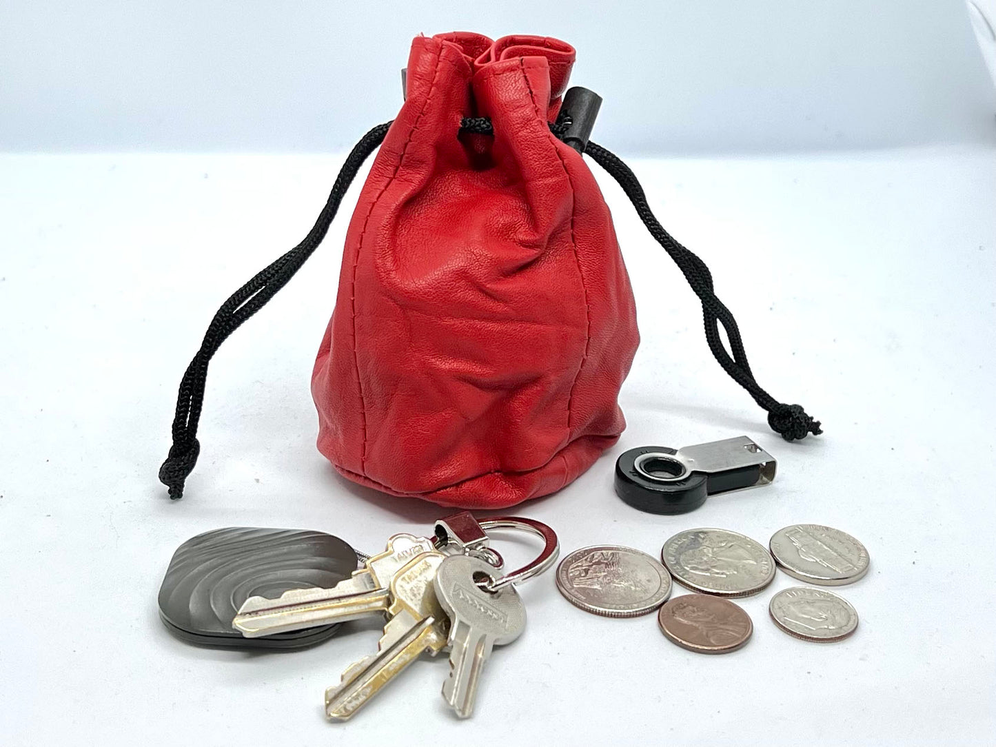 Genuine Leather Drawstring Pouch Spring Locks Coin Soft Purse Small Wrist Bag