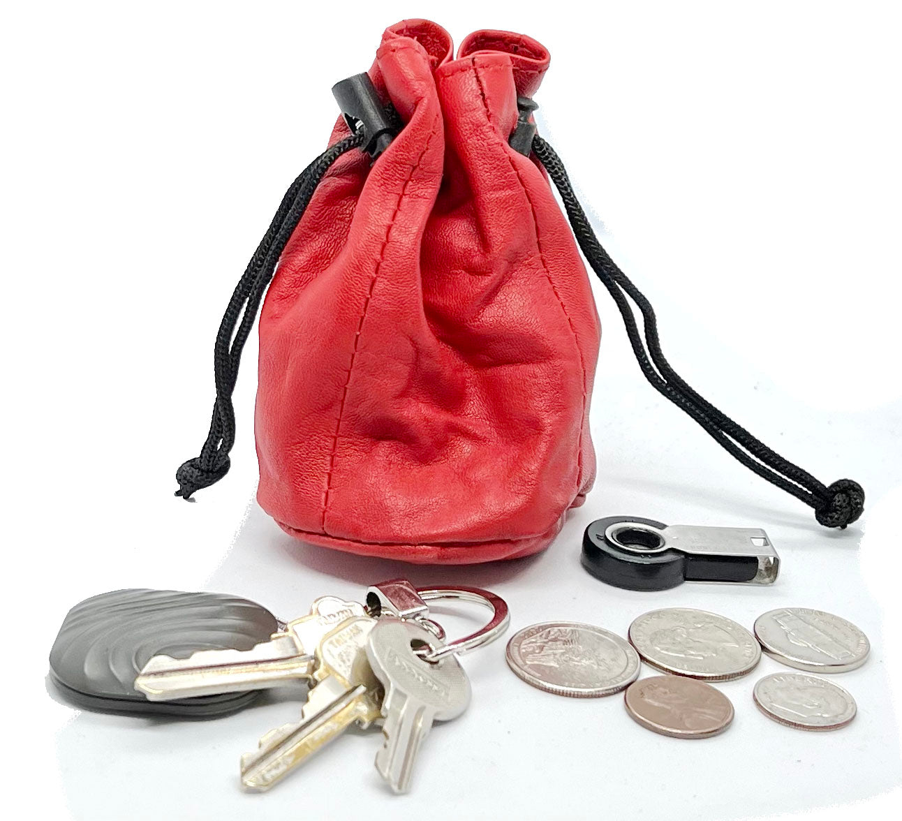 Genuine Leather Drawstring Pouch Spring Locks Coin Soft Purse Small Wrist Bag