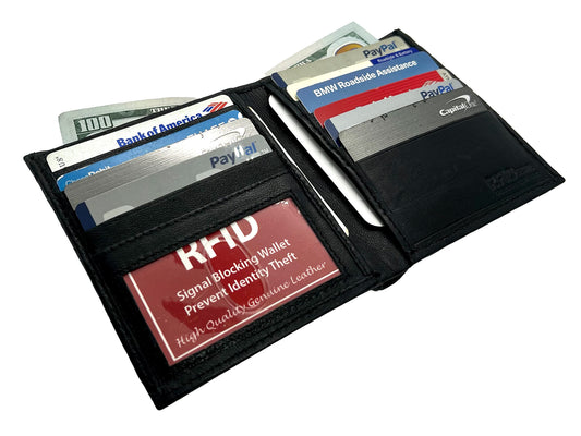 RFID Blocking Black Genuine Leather Men's Bifold Hipster Wallet Credit Card Holder Front Pocket