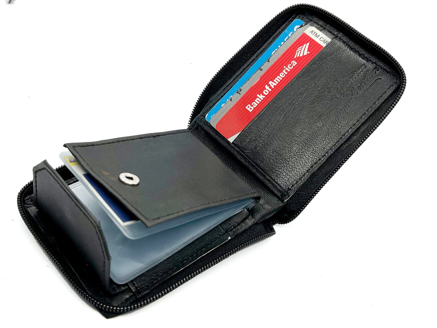 Genuine Leather Men's Bifold Wallet Credit Card Holder Zip Around Clear Card Insert