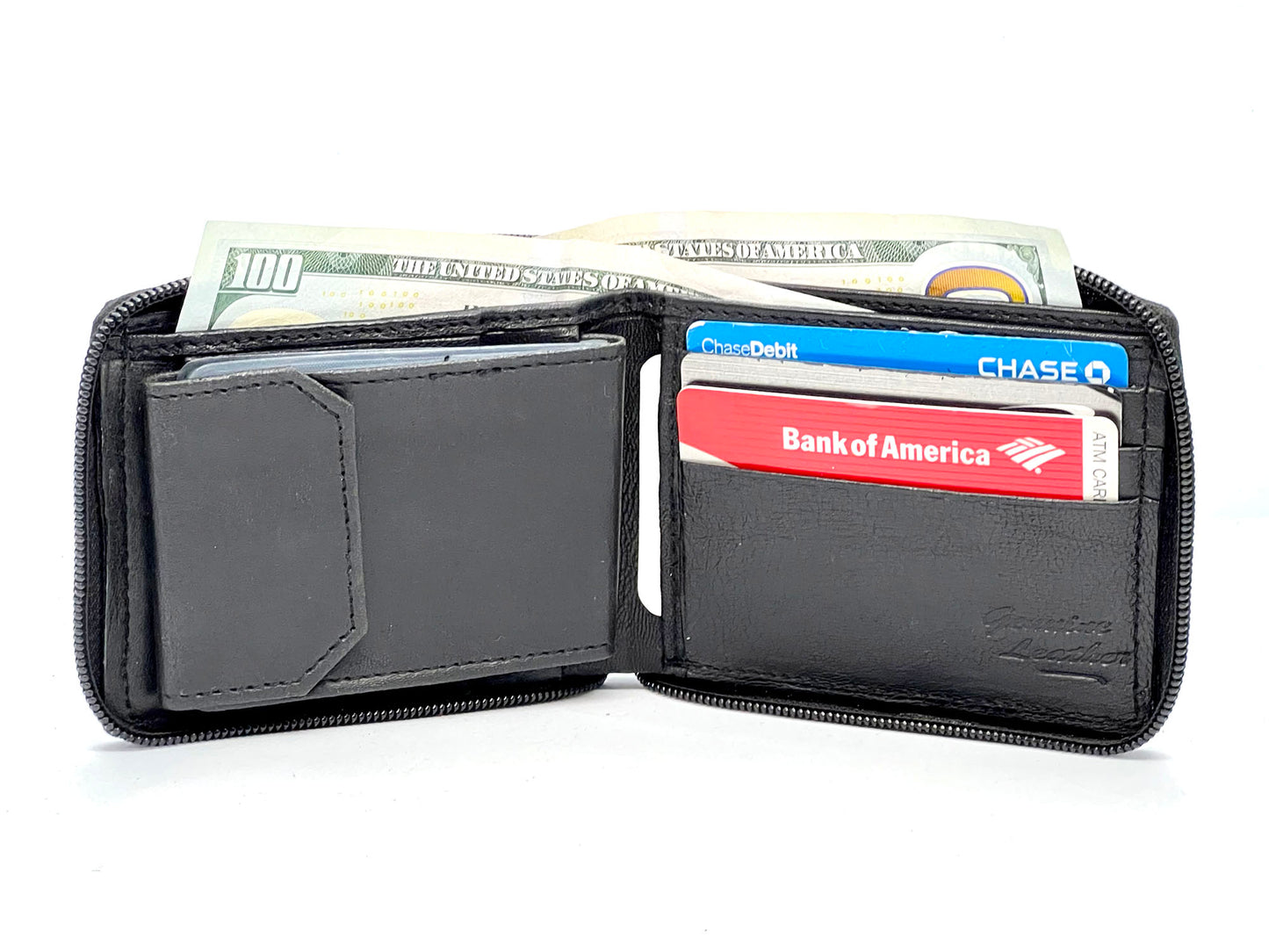Genuine Leather Men's Bifold Wallet Credit Card Holder Zip Around Clear Card Insert