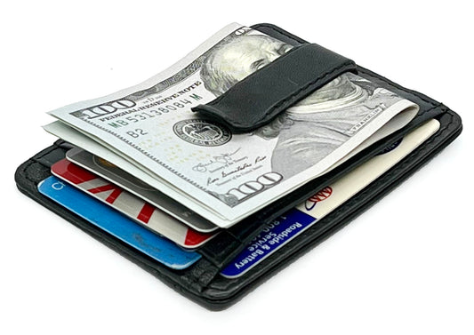 RFID Blocking Black Genuine Leather Men's Money Clip Credit Card ID Wallet