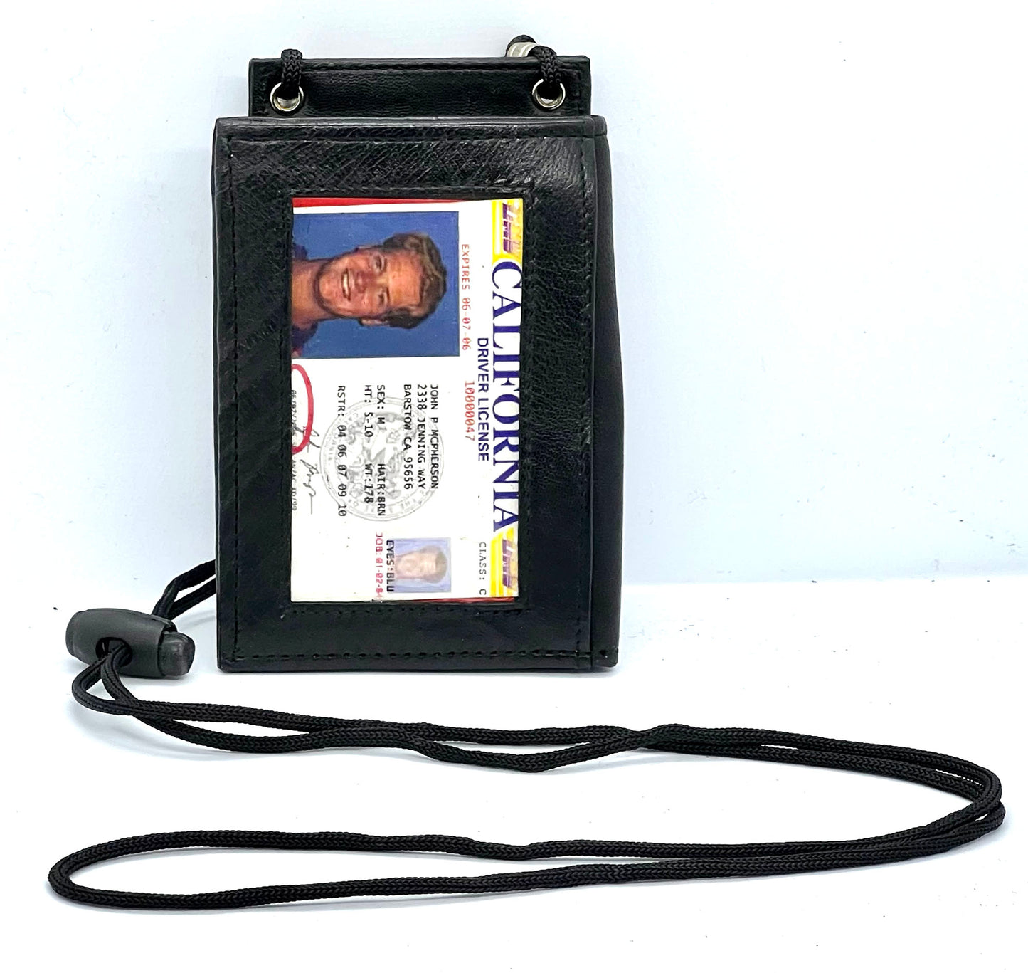 Genuine Leather ID Badge 6 Credit Cards Holder Zip Lanyard Wallet Adjustable Neck Strap