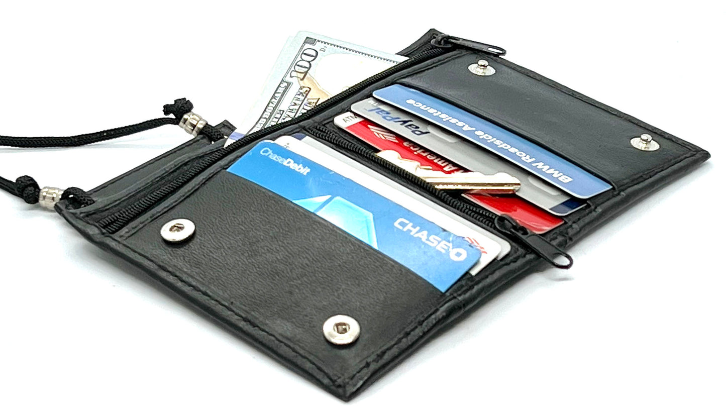 Genuine Leather ID Badge 6 Credit Cards Holder Zip Lanyard Wallet Adjustable Neck Strap