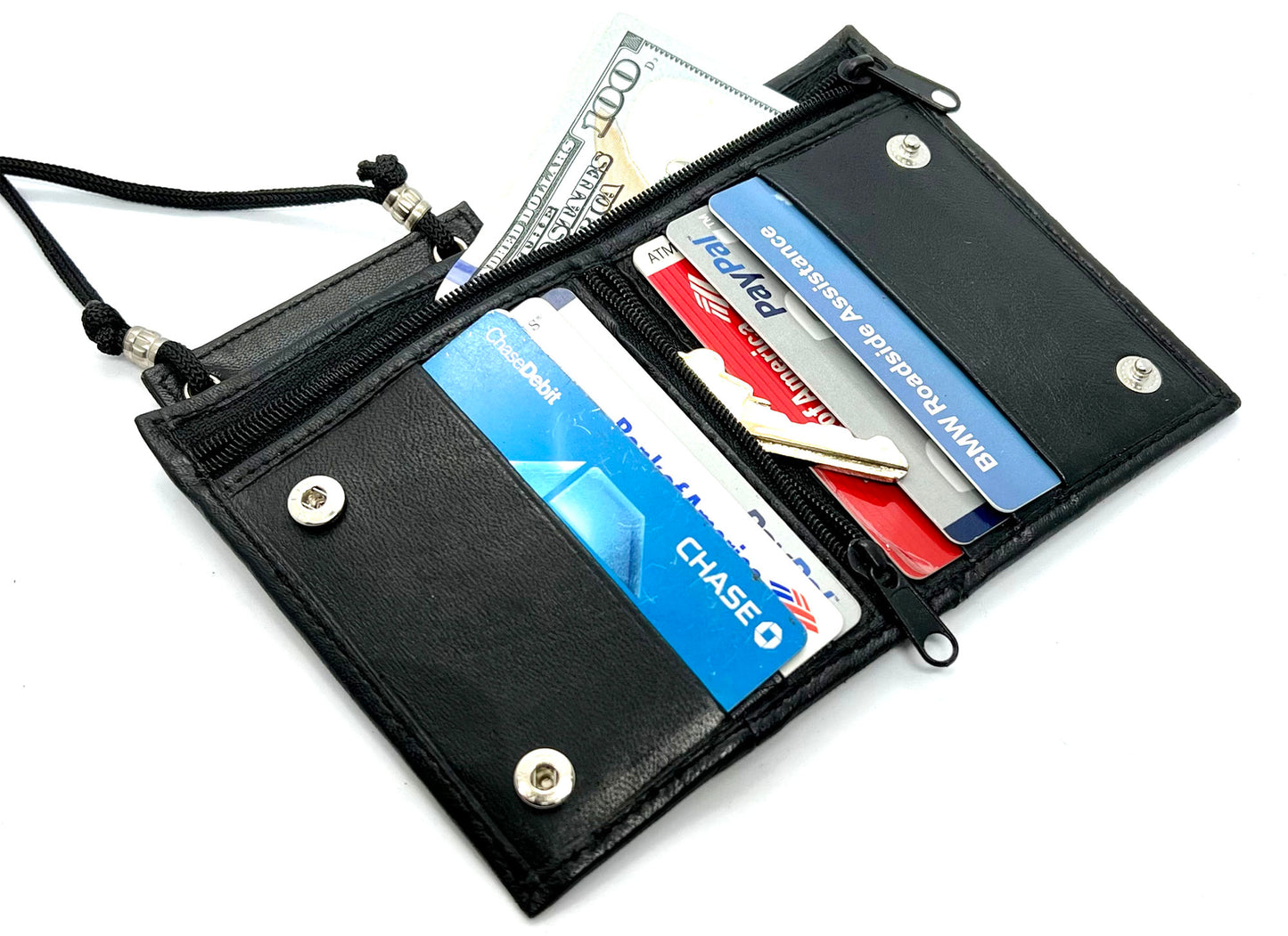 Genuine Leather ID Badge 6 Credit Cards Holder Zip Lanyard Wallet Adjustable Neck Strap