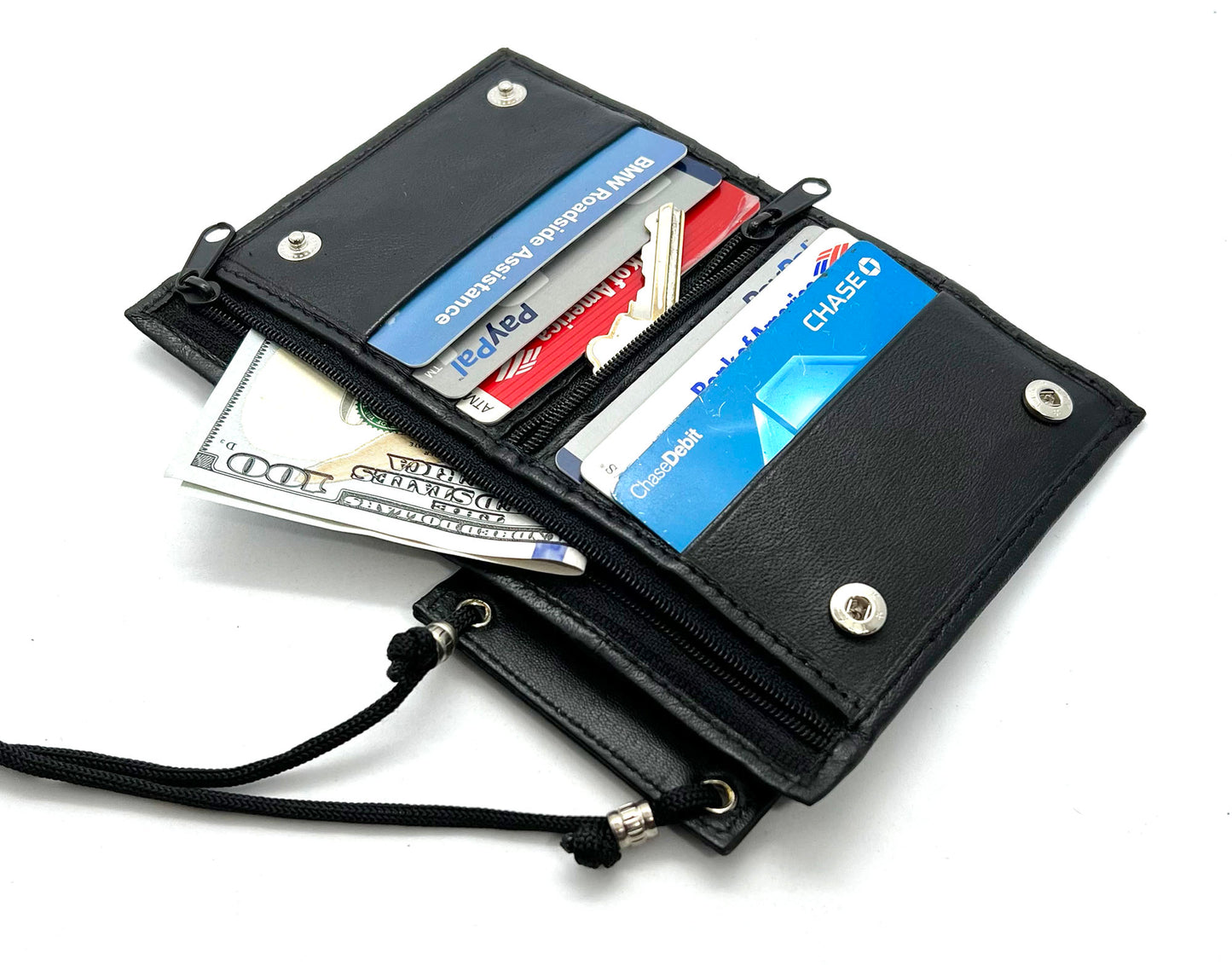 Genuine Leather ID Badge 6 Credit Cards Holder Zip Lanyard Wallet Adjustable Neck Strap
