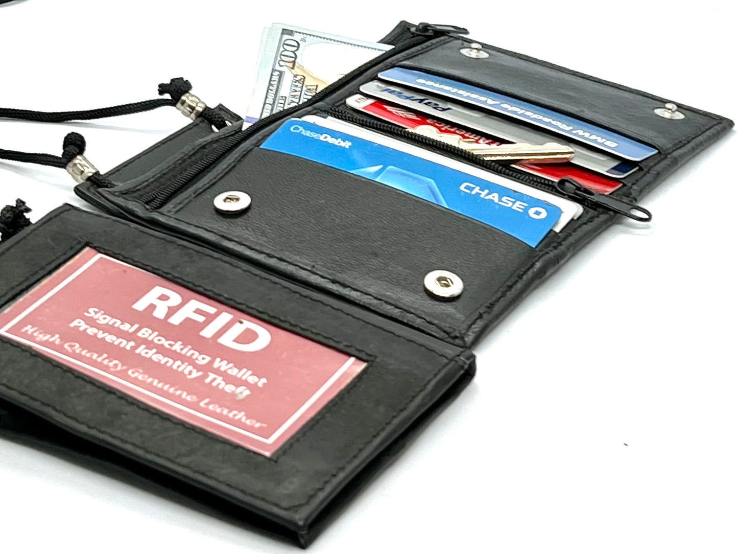 Genuine Leather ID Badge 6 Credit Cards Holder Zip Lanyard Wallet Adjustable Neck Strap