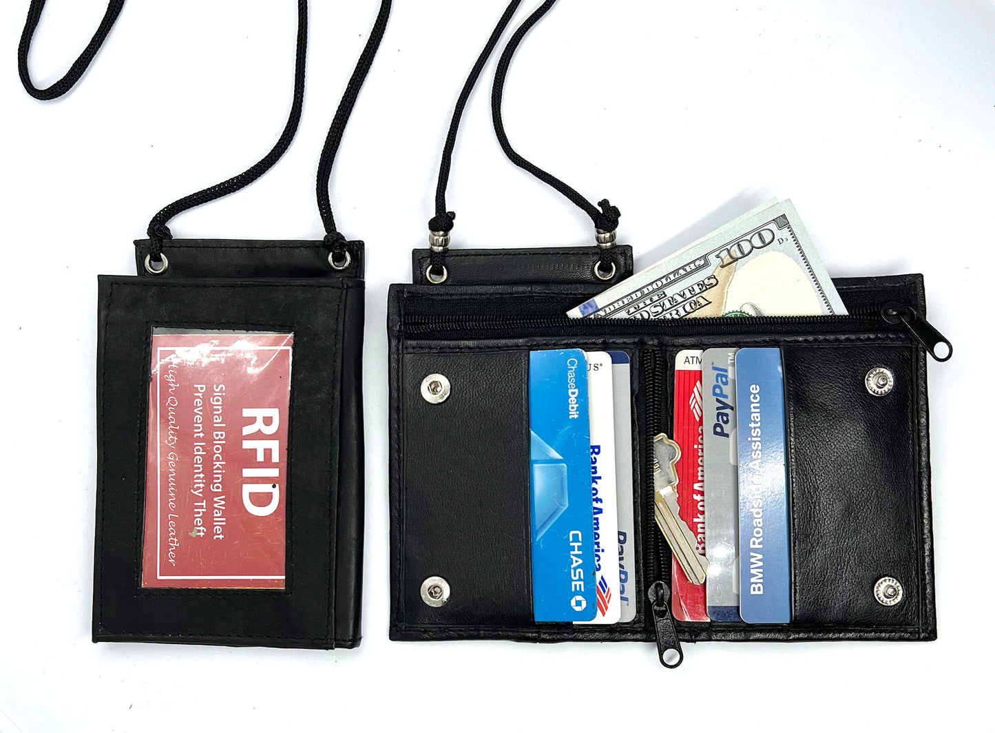 Genuine Leather ID Badge 6 Credit Cards Holder Zip Lanyard Wallet Adjustable Neck Strap