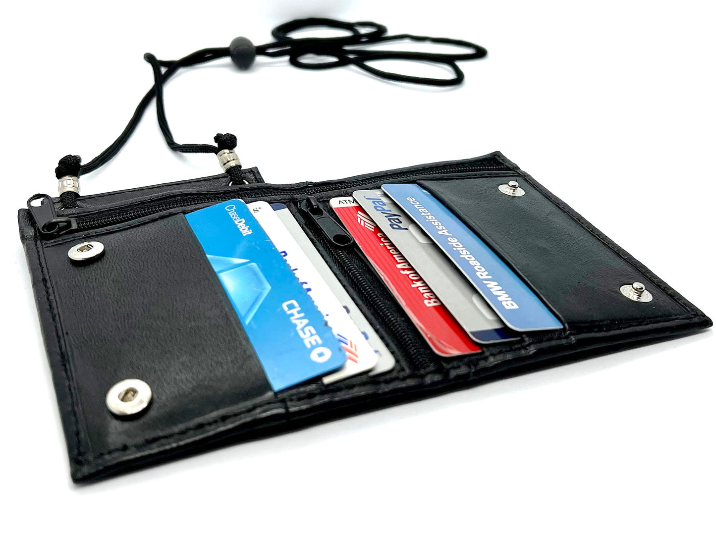 Genuine Leather ID Badge 6 Credit Cards Holder Zip Lanyard Wallet Adjustable Neck Strap
