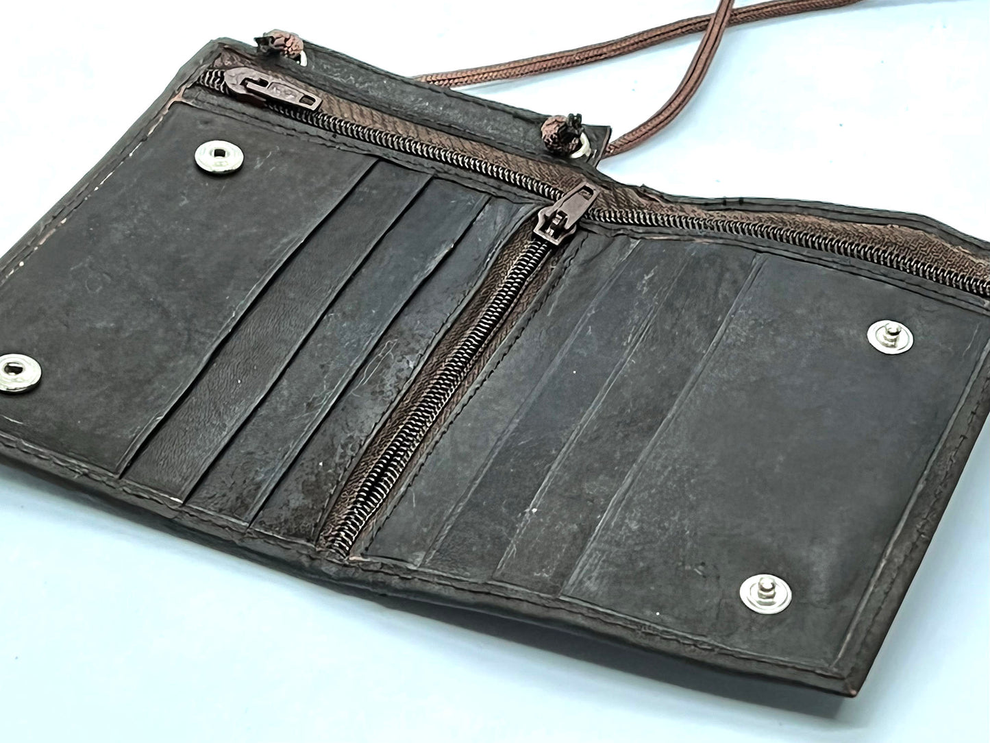 Genuine Leather ID Badge 6 Credit Cards Holder Zip Lanyard Wallet Adjustable Neck Strap