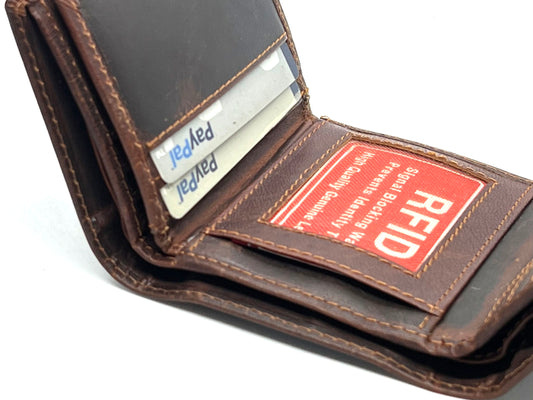 RFID Blocking Hunter Brown Leather Men's Trifold Vintage Wallet Center Flap Premium Quality