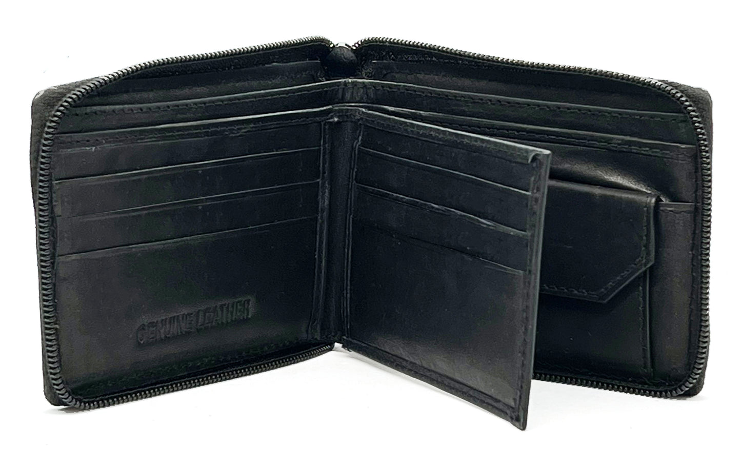 Black Genuine Leather Mens Bifold Wallet Card Coin Holder Plastic Sleeve Inserts ID Zip Around