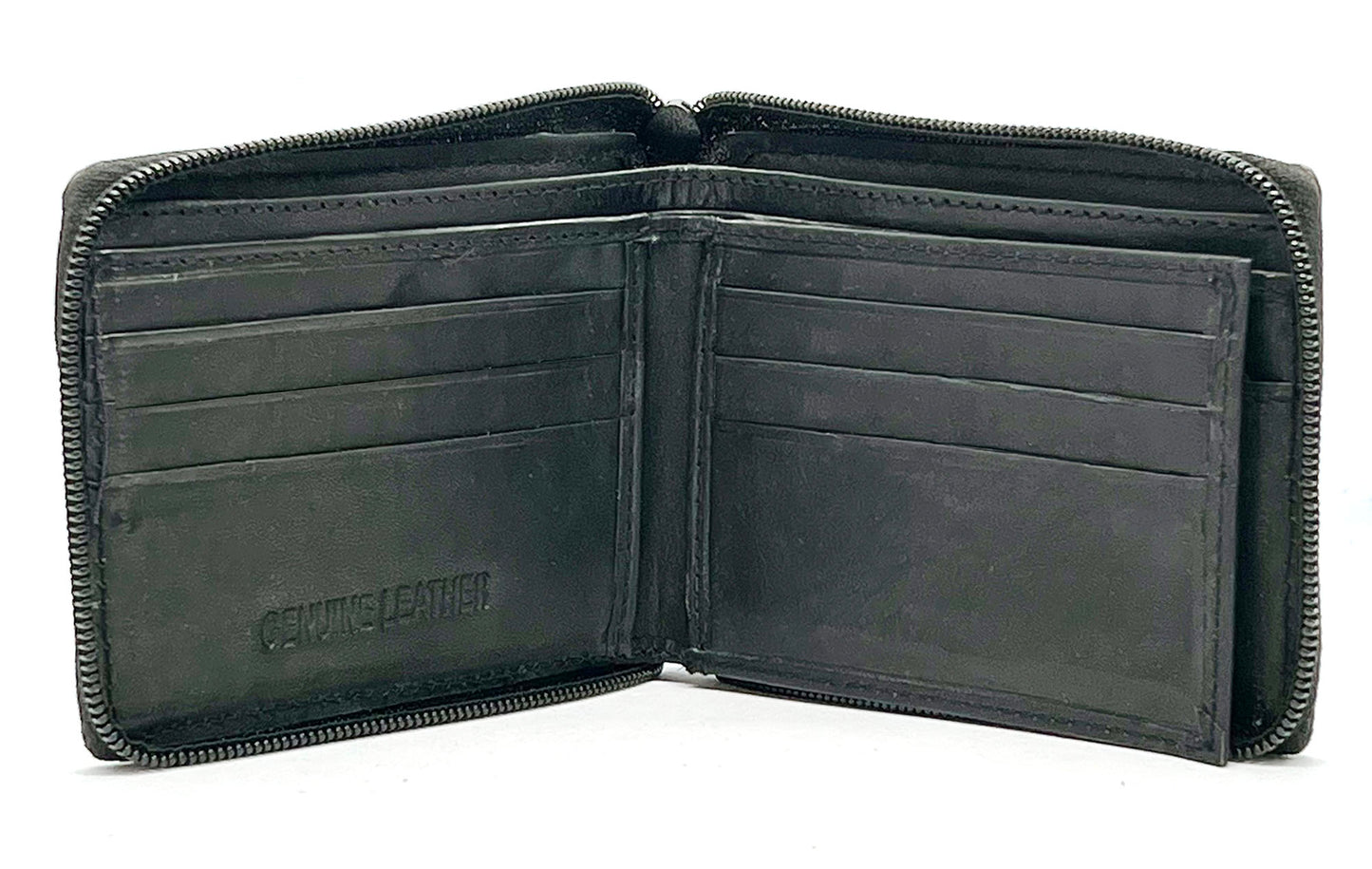Black Genuine Leather Mens Bifold Wallet Card Coin Holder Plastic Sleeve Inserts ID Zip Around