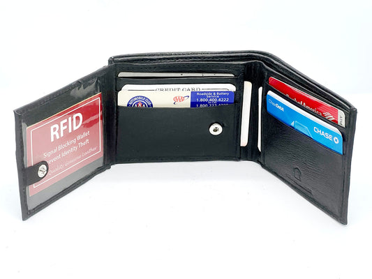 RFID Blocking Genuine Leather Men's Bifold Wallet Credit Card Holder Flap Open
