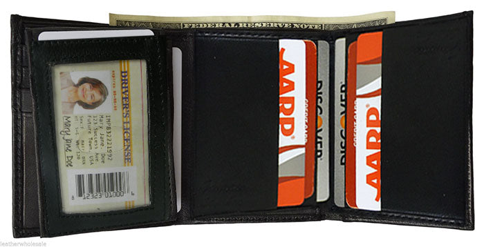 Genuine Leather Mens Trifold Wallet Thin Flap Top ID Credit Card Holder