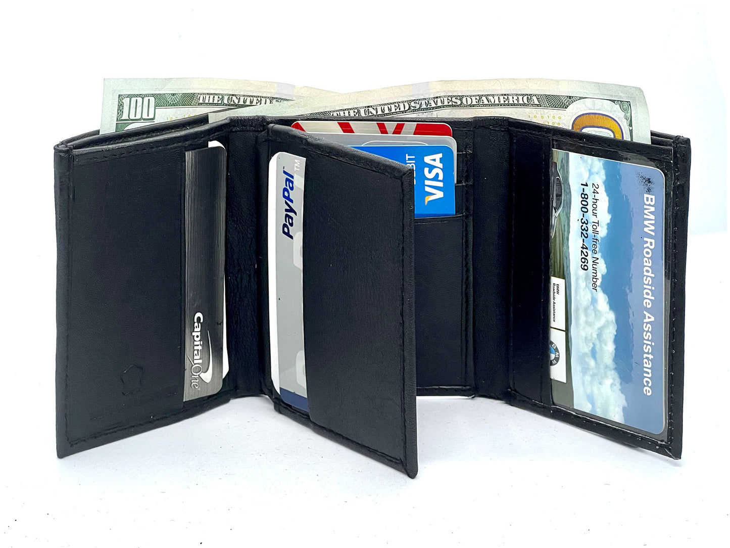 Black Genuine Leather Men's Trifold Wallet Credit Card Holder ID Window