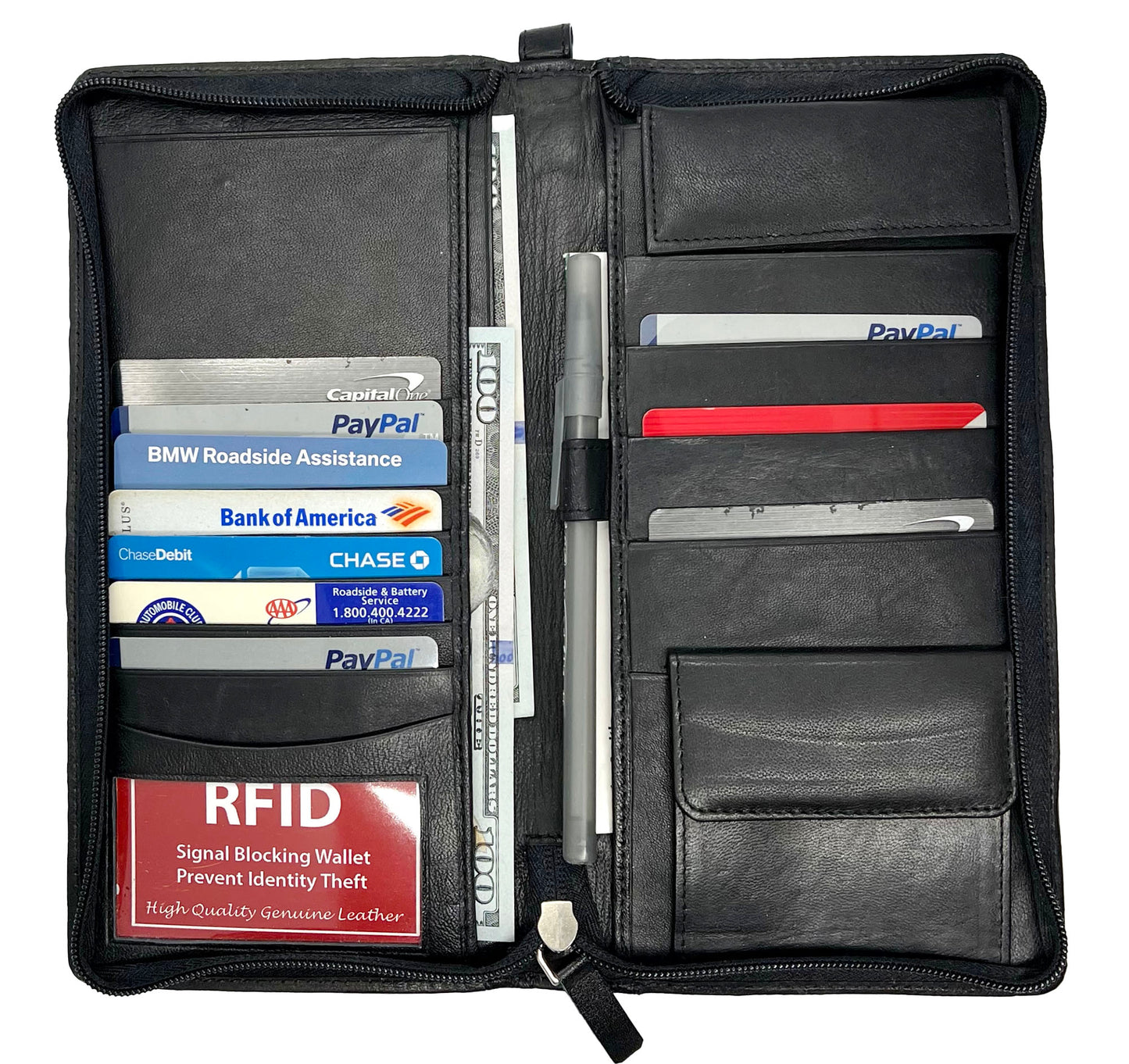 RFID Blocking Leather Travel Wallet Passport Air Ticket Organizer Checkbook ID Holder Zip Around