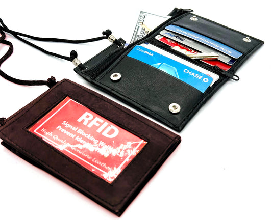Genuine Leather ID Badge 6 Credit Cards Holder Zip Lanyard Wallet Adjustable Neck Strap