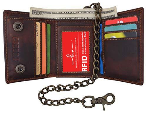 RFID Blocking Black Men's Premium Cowhide Leather Biker's Chain Trifold Wallet Trucker Motorcycle