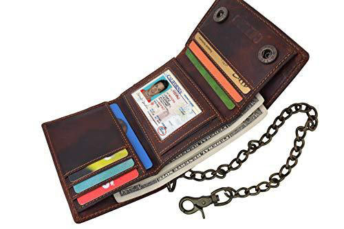 RFID Blocking Black Men's Premium Cowhide Leather Biker's Chain Trifold Wallet Trucker Motorcycle