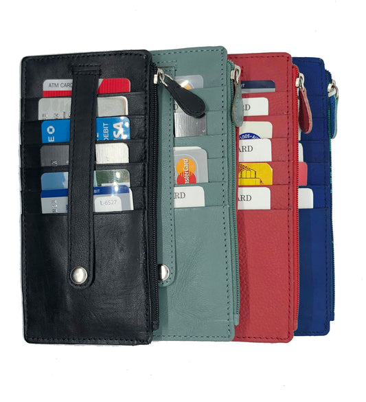 RFID Blocking Leather Women's Stacker Wallet Card Case ID Window Zip Pocket