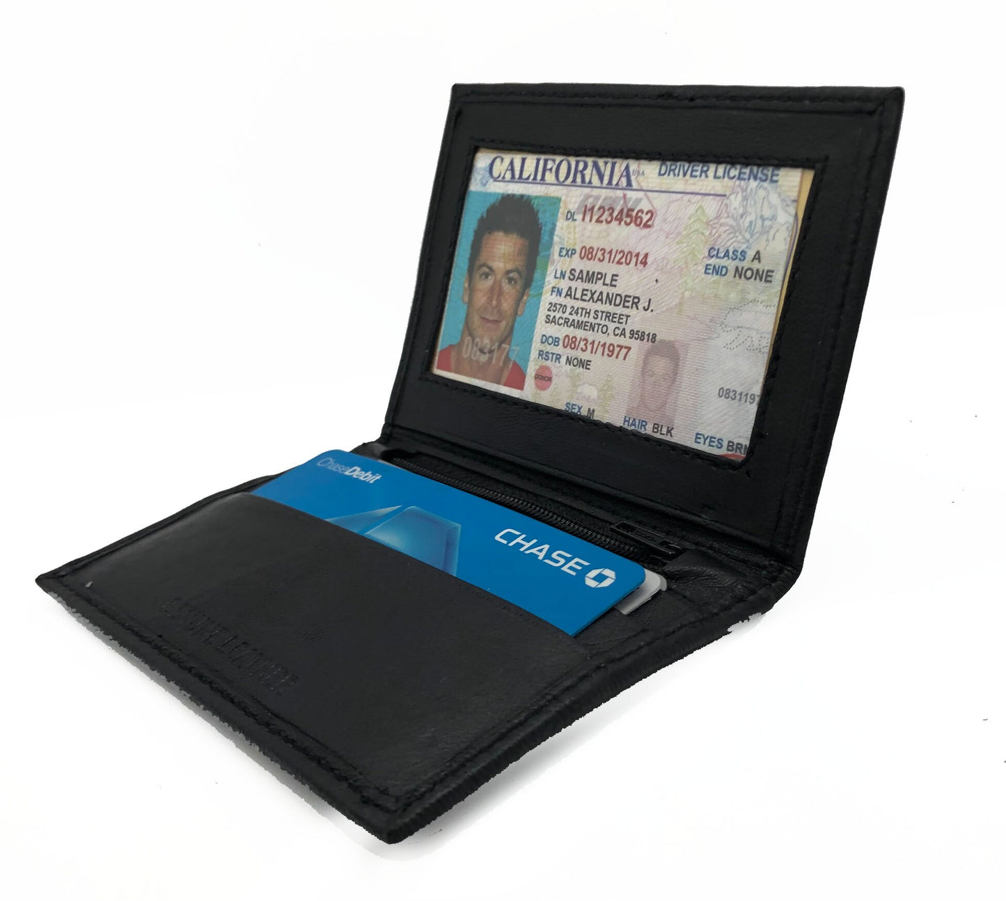 Black Mens Genuine Leather Bifold ID License Card Holder Wallet Zip