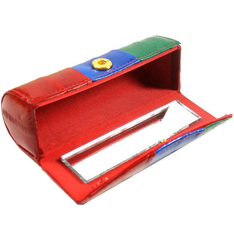 Genuine Eel Skin Women's Leather Lipstick Mirror Case Holder Button Purse Light