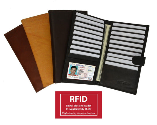 RFID Signal Blocking Men's Genuine Leather Long Bifold Secretary Checkbook Wallet 19 ID Card Holder Strap Closed