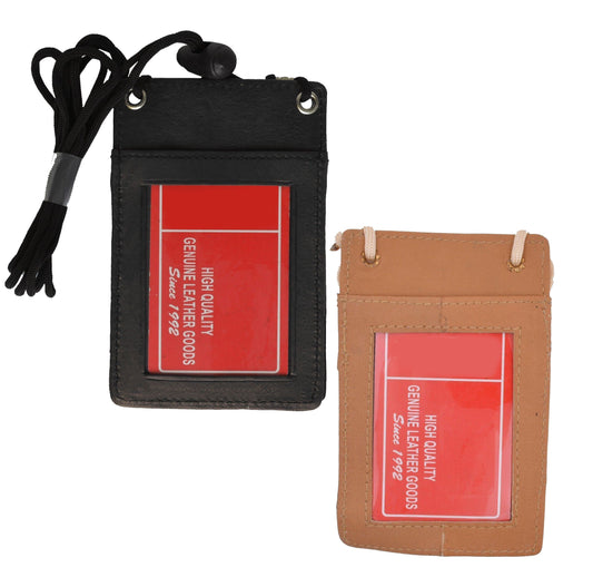 Genuine Leather ID Badge Lanyard Key Coins Holder Neck Strap Wallet