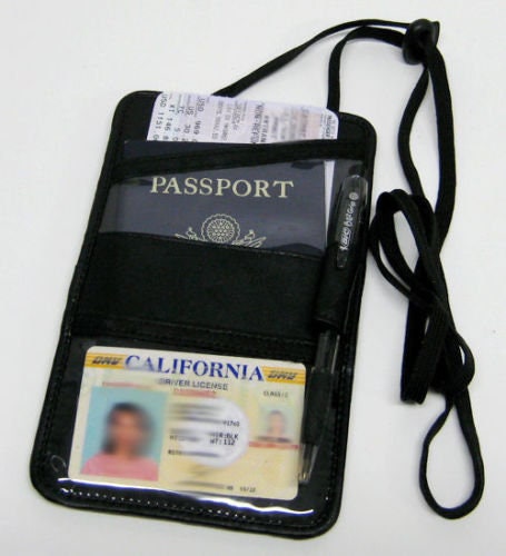 Genuine Leather ID Badge Lanyard Key Coins Boarding Pass Holder Neck Strap Wallet