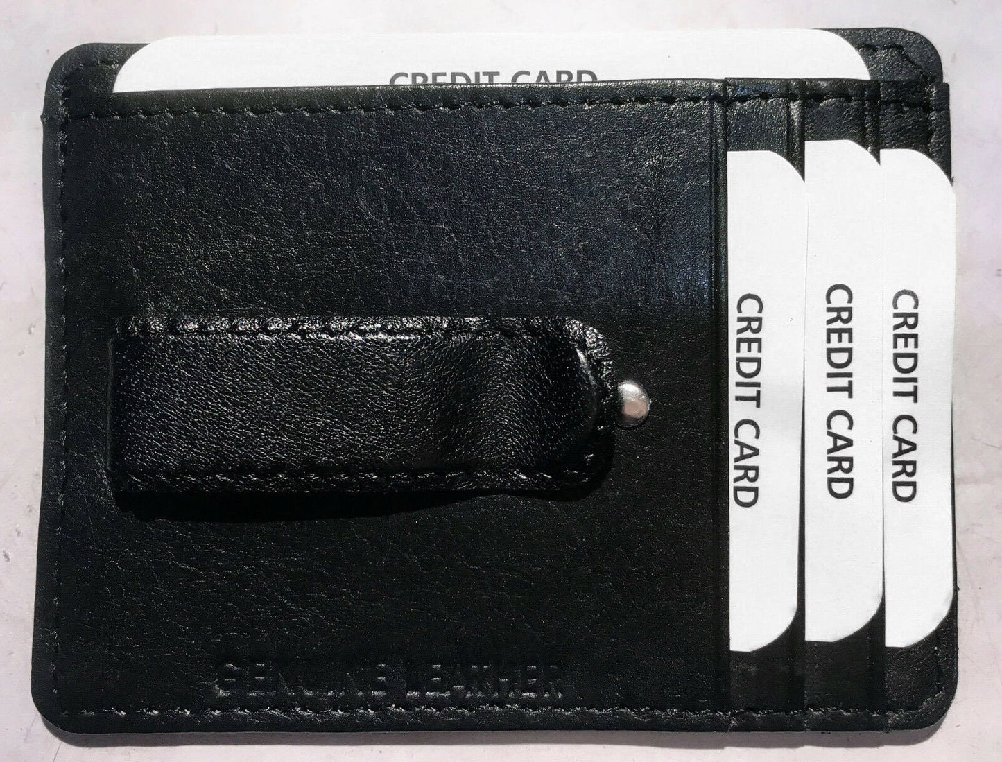 Black Genuine Cowhide Leather Money Clip Men's Thin Wallet ID Badge Credit Card Holder