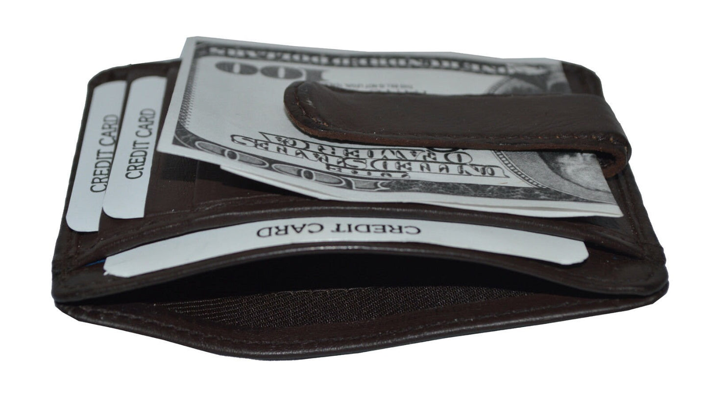 Black Genuine Cowhide Leather Money Clip Men's Thin Wallet ID Badge Credit Card Holder