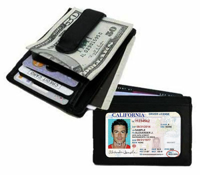 Black Genuine Cowhide Leather Money Clip Men's Thin Wallet ID Badge Credit Card Holder
