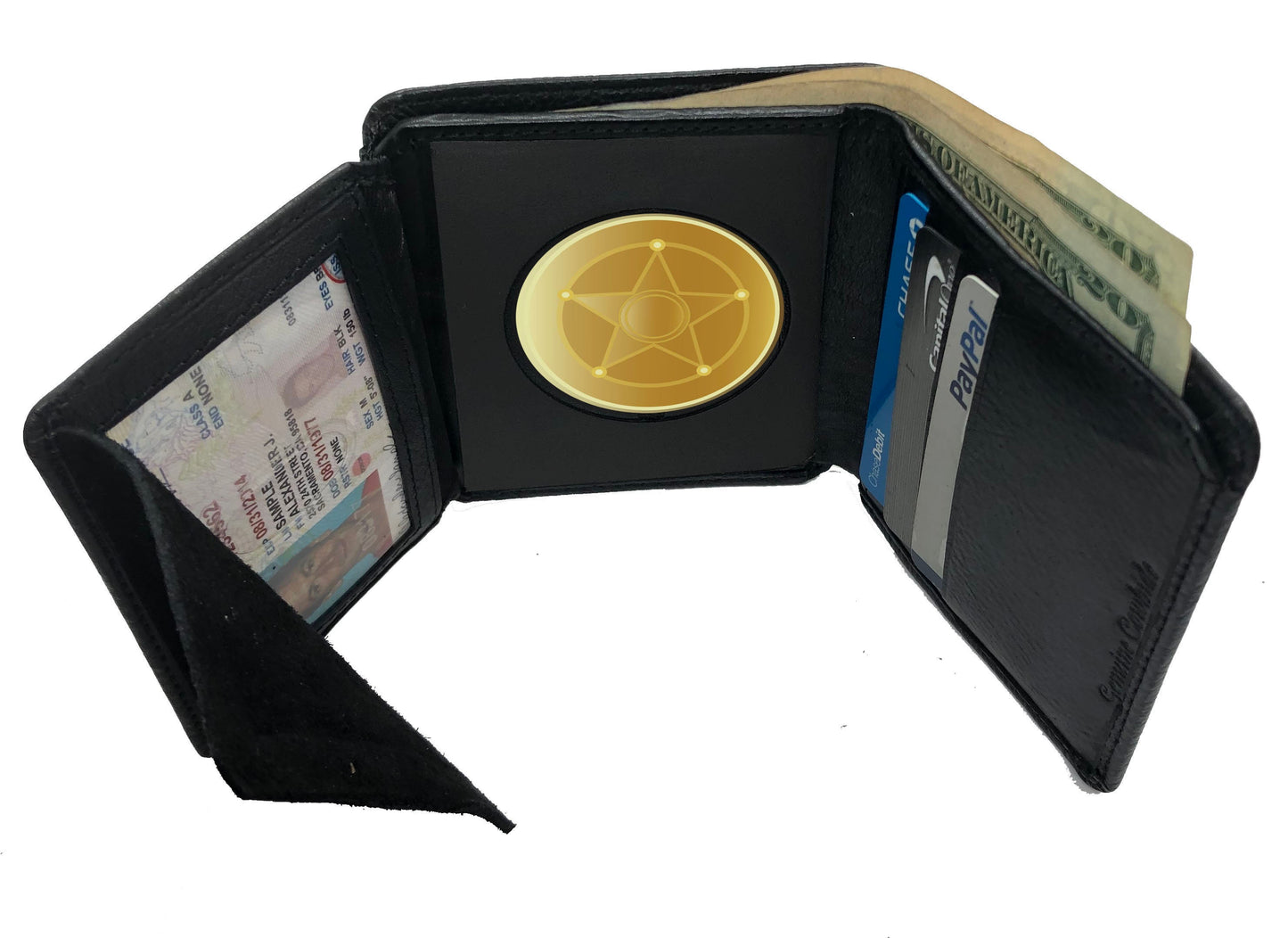RFID Blocking Black Leather Men's Conceal Carry Badge Wallet License Circle Shield Holder