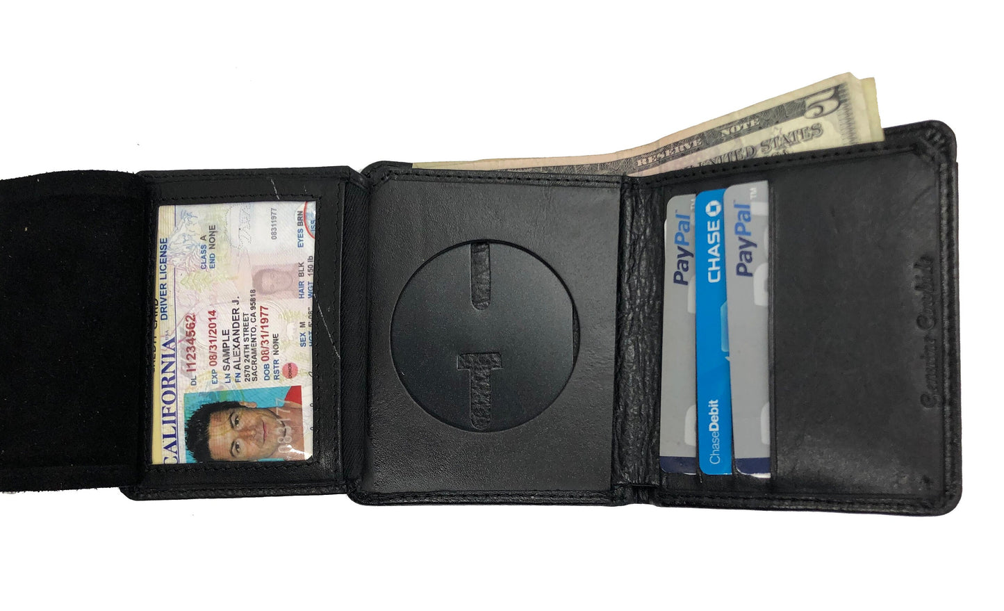 RFID Blocking Black Leather Men's Conceal Carry Badge Wallet License Circle Shield Holder