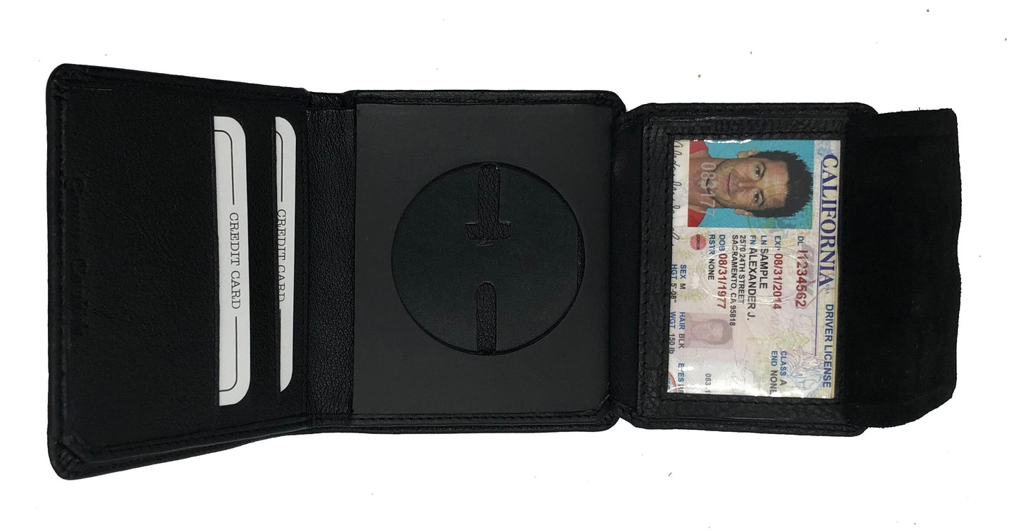 RFID Blocking Black Leather Men's Conceal Carry Badge Wallet License Circle Shield Holder