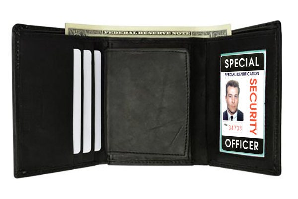 RFID Blocking Black Leather Men's Conceal Carry Badge Wallet License Oval Shield Holder