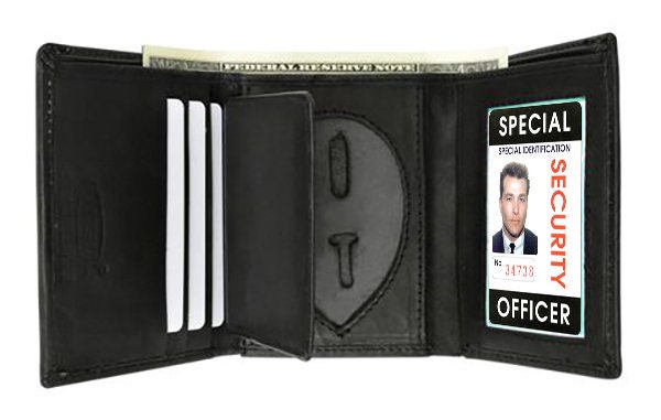 RFID Blocking Black Leather Men's Conceal Carry Badge Wallet License Oval Shield Holder